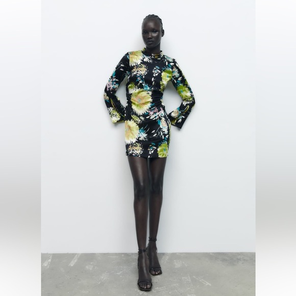 ZARA GATHERED PRINTED DRESS MULTICOLORED SIZE XS NWT - Picture 3 of 8